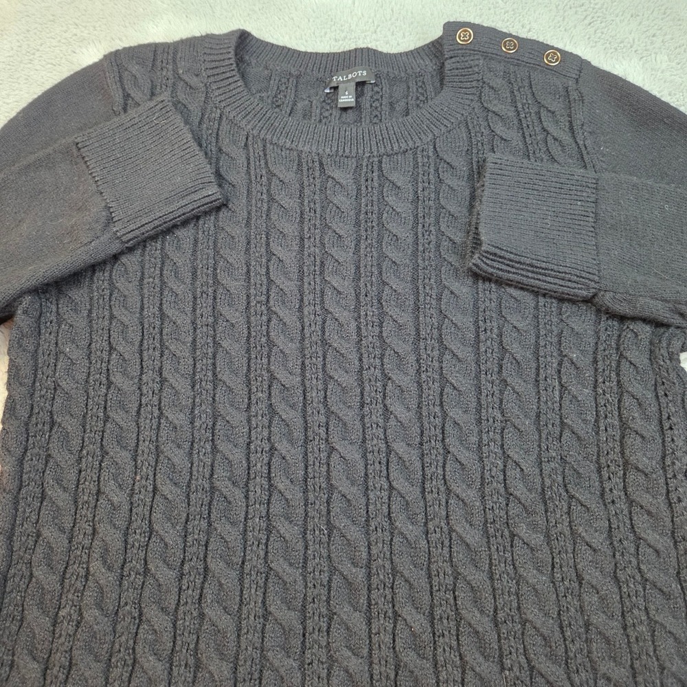 Talbots Cable‎ Knit Sweater Womens Small Black Shoulder Button Crew Neck Cotton